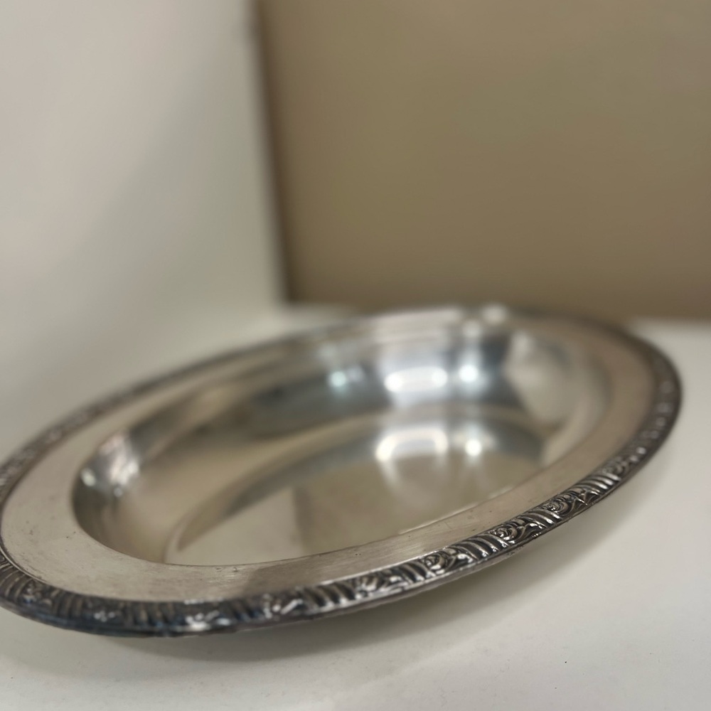 Vintage Silver Plated Oval Serving Bowl with Lid Decorative Rim